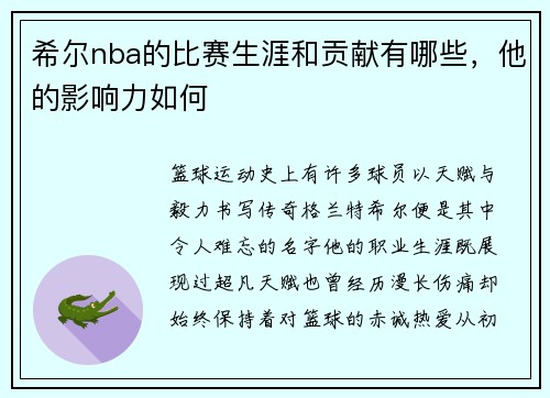希尔nba的比赛生涯和贡献有哪些，他的影响力如何